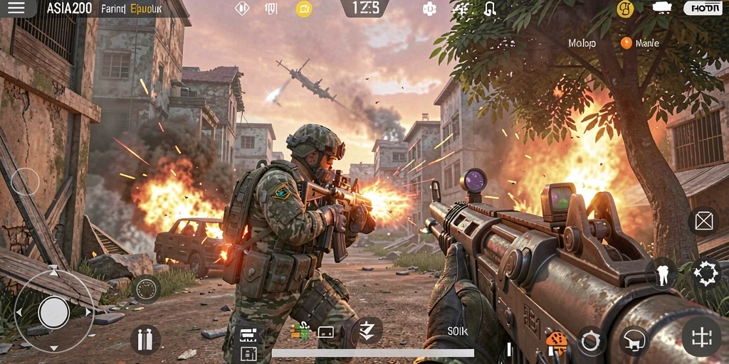 Tangkapan layar utama ASIA200 menampilkan aksi pertempuran FPS yang intens.