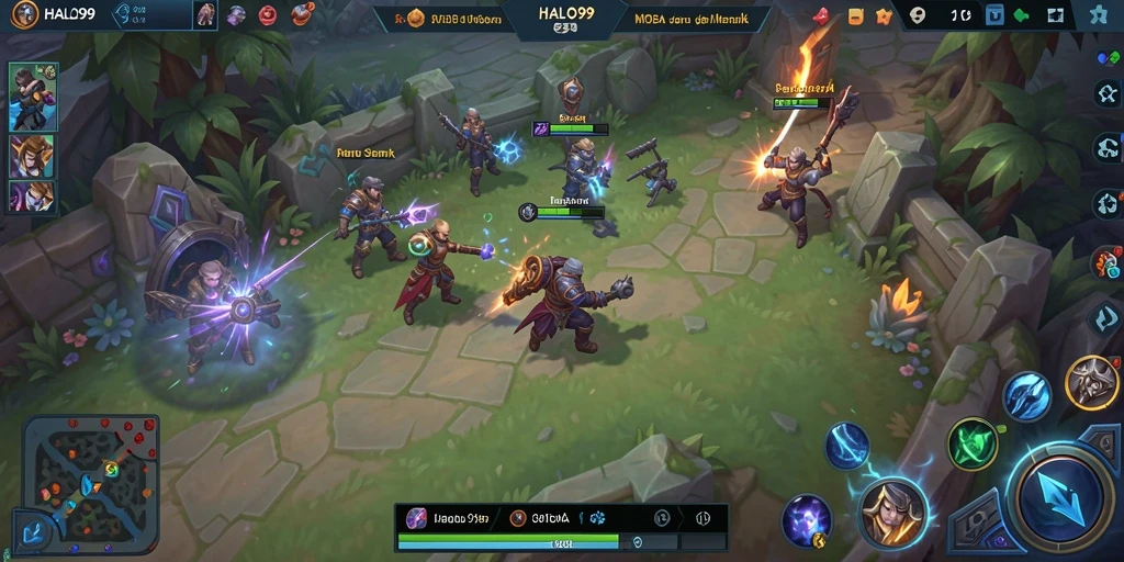 Gameplay seru HALO99 dengan pertarungan strategis MOBA.