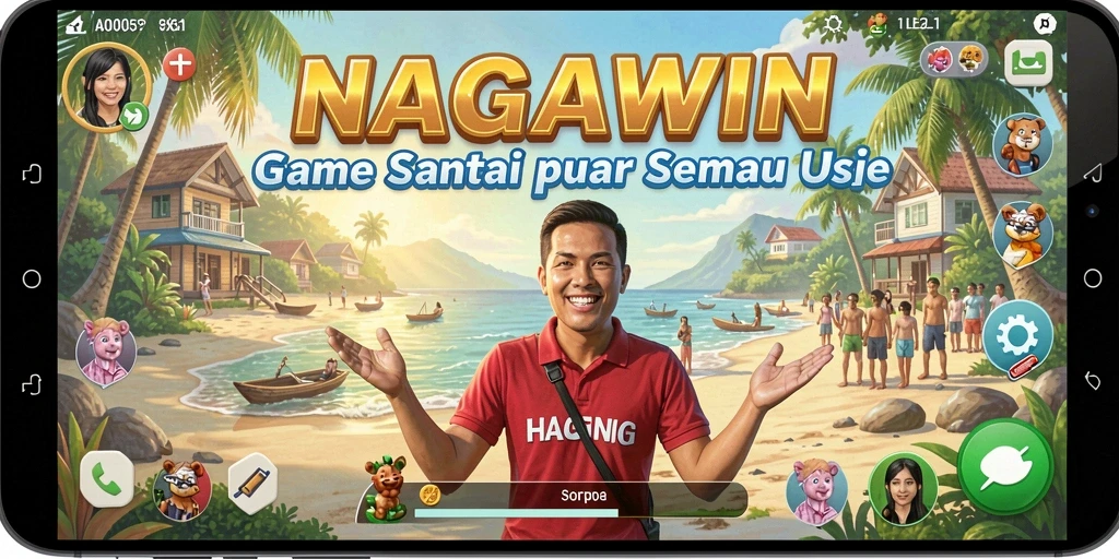 Tangkapan layar gameplay NAGAWIN yang menampilkan suasana seru dan santai.