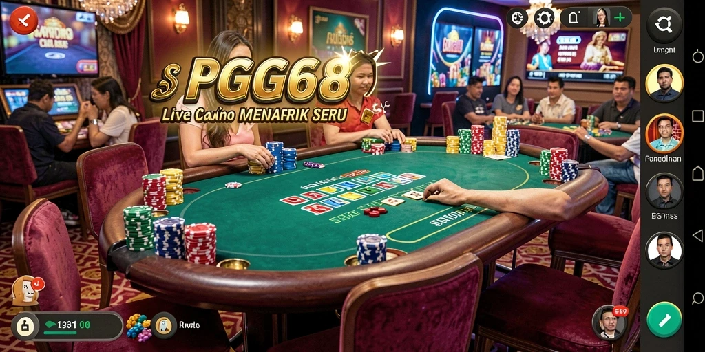 Screenshot gameplay PGG68 dengan dealer dan pemain yang berinteraksi.